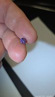 Front view of round purple Tanzanite held between fingertips
