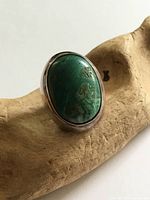 Front view of sterling silver ring with large oval turquoise stone