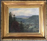Full view of framed oil landscape painting