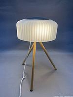 Lamp lit, showing pleated shade and tripod wood base