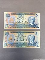 Fronts of both $5 bills showing portrait, denomination and colours