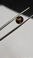 Round faceted tourmaline held in tweezers showing deep orange yellow body color