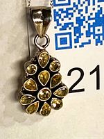 Front view of sterling silver pendant with cluster of yellow faceted citrine stones and bail visible