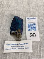 Full view of chalcopyrite specimen with info tag and auction label