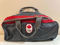 Front view showing logo, handles, stripe, zipper