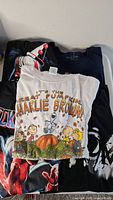 Stack of five graphic T-shirts showing Peanuts, Pennywise, Spider-Man and Ghostface graphics