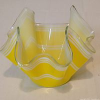 Front view showing yellow glass, white stripes, ruffled shape