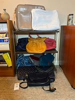 Shelf unit showing nine assorted purses