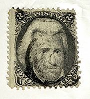Front view of Andrew Jackson 2-cent stamp showing design details and perforations