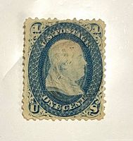 Front of blue 1¢ Benjamin Franklin stamp