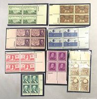 Front view of all eight plate-number blocks in sleeves