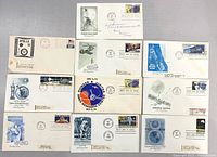 Front view of all ten space first day covers showing cachets, stamps and postmarks