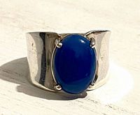 front view of sterling silver ring with blue agate stone