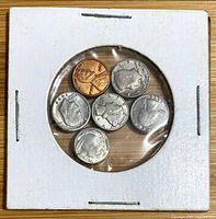 Obverse sides of six miniature coins in cardboard flip
