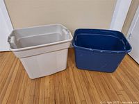 Beige and blue totes side by side front view