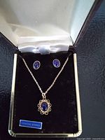 Earrings and necklace displayed in box