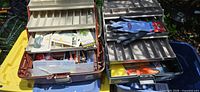 Overview of both open tackle boxes showing trays and assorted contents