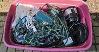 Overview of tote with string lights, spotlights, cords