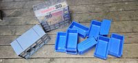 All items together: boxed 30-drawer cabinet, 15-drawer cabinet, nine loose blue bins