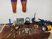 Overall view of all tools and safety items on table
