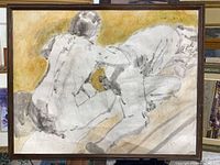 Front view of framed watercolour showing nude figures