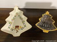 Both Mikasa Christmas tree dishes side by side