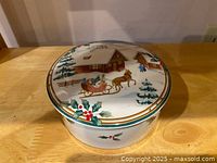 Covered dish with lid showing Christmas scene