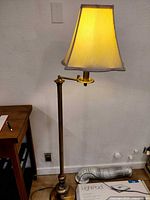 Full view of lamp illuminated showing shade, swing arm, and pole