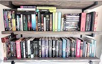 Two shelves filled with science-fiction and fantasy series plus role-playing rulebook