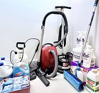 Overall lot: vacuum, floor machine, chemicals, sprayer, brush, mop pad, basket of blue pads