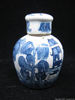 Front view of blue and white porcelain jar with lid