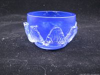 Side view of blue glass dish showing clear leaf design