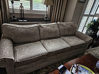 Front view of Ethan Allen 3-cushion taupe sofa