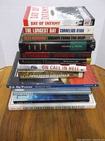 Stacked view of 11 military history books showing spines