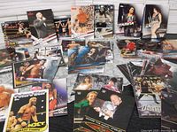 Overview of spread of WWE trading cards on table