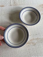Top view of both bowls showing blue rim stripes