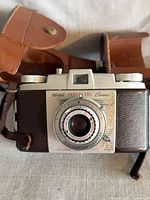Front view of Kodak Pony 135 camera in leather case