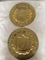 Front view of both brass wall plates showing peacock and eagle designs