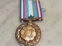 Front view of bronze medal with ribbon