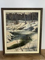 Front view of framed winter landscape painting