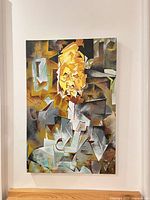Full view of vertical cubist painting hanging on wall