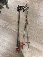 Both pairs of ski poles laid out on floor