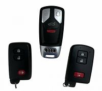 Front view of three key fobs showing button layouts