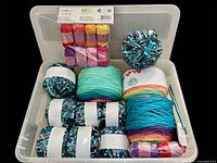 Overall view of all yarn, hooks and bin