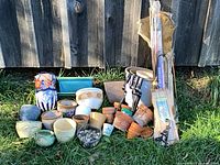 Group image showing all pots, tools, stakes, burlap and geotextile