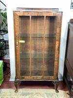 Front view of wooden display cabinet with glass door and shelves
