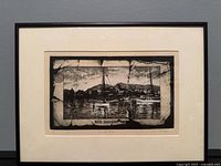 Full view of framed etching with mat and frame