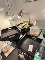 Group shot of lamp, trays, frames, clock, accessories