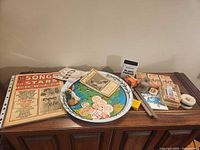 Overview of all vintage items on cabinet