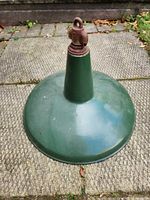 Top view of green porcelain enamel shade showing dome shape and hanging loop